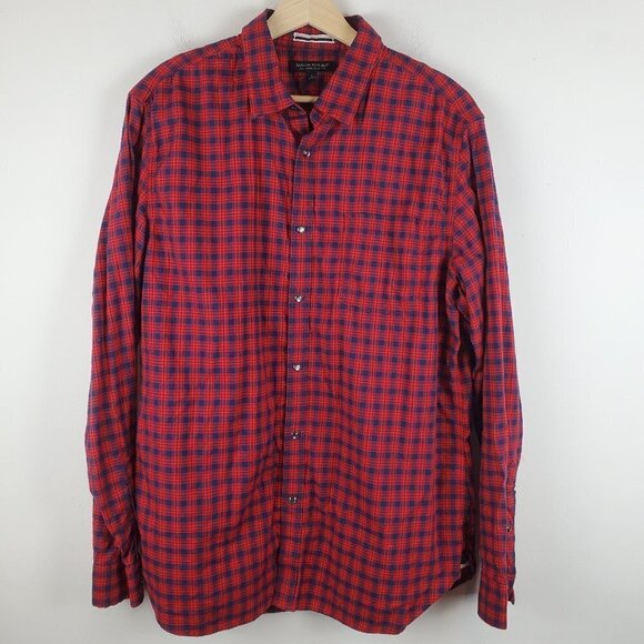 Banana Republic Tailored Slim Fit Button up Shirt Men Large Red plaid Pearl Snap - Picture 1 of 9